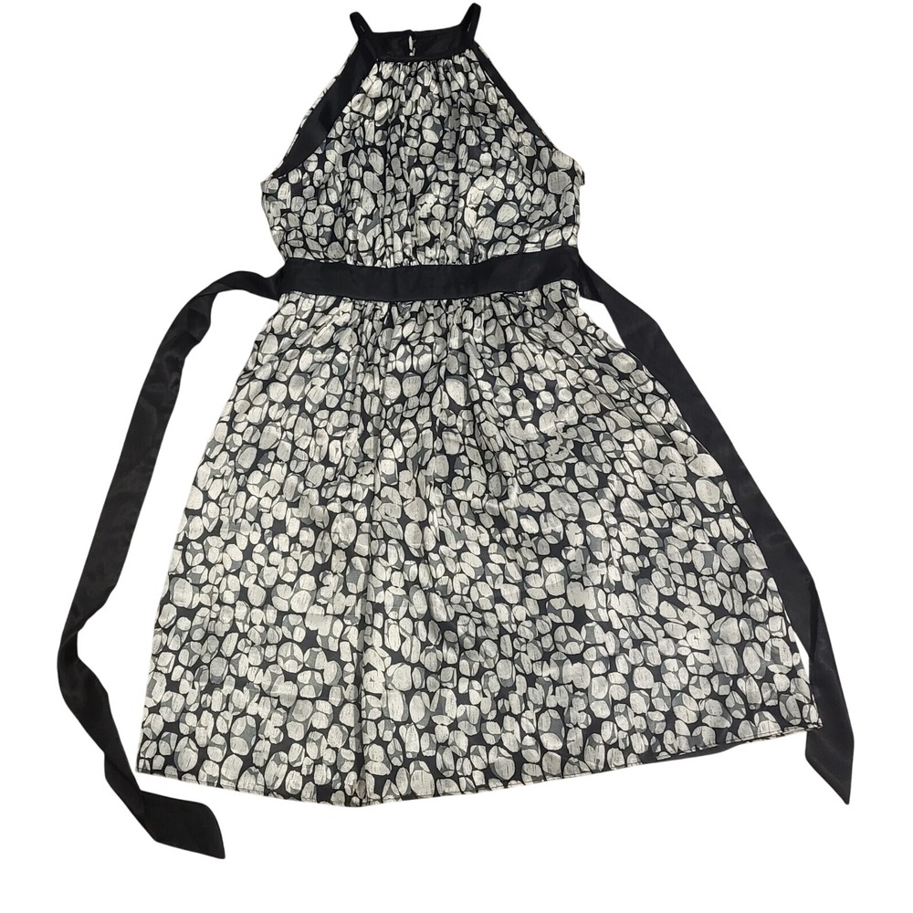 London Times Sleeveless Lined Belted Knee Length Dress Black White Floral Size 8